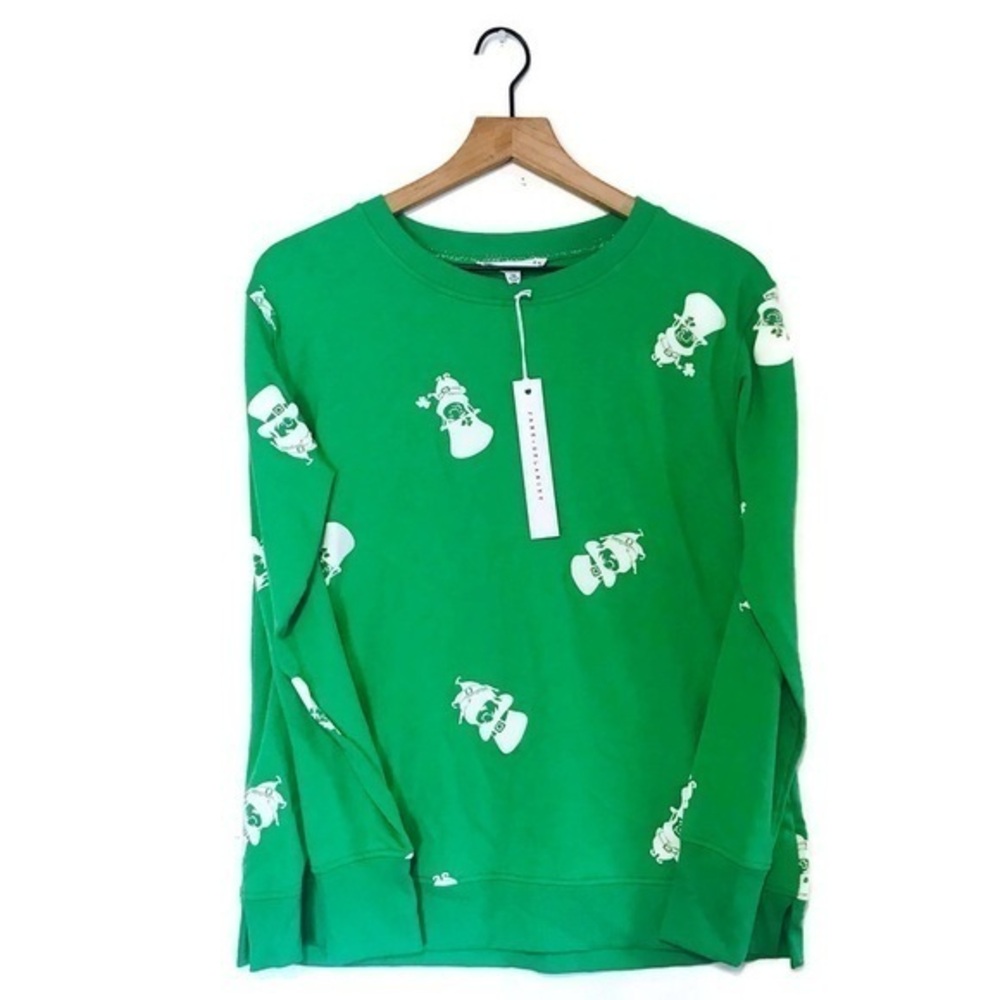 NWT Jane + Delancey Green Leprechaun Print Crew Neck Pullover Sweatshirt Size XS